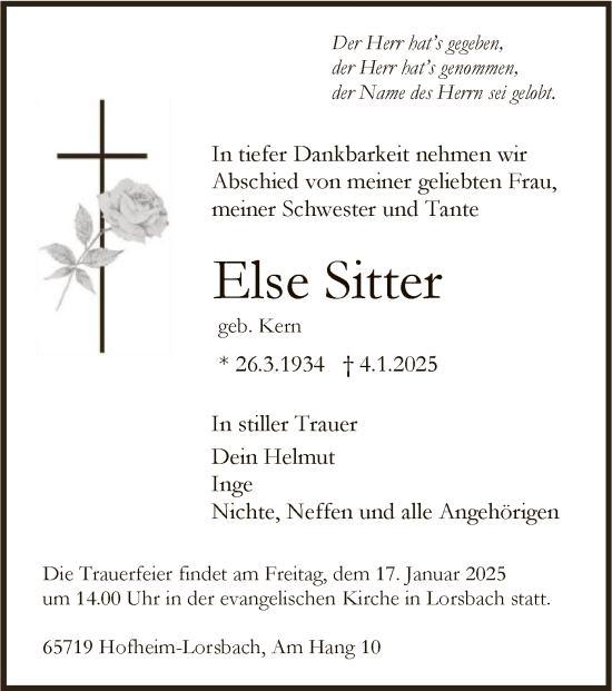 Traueranzeige von Else Sitter von FNP