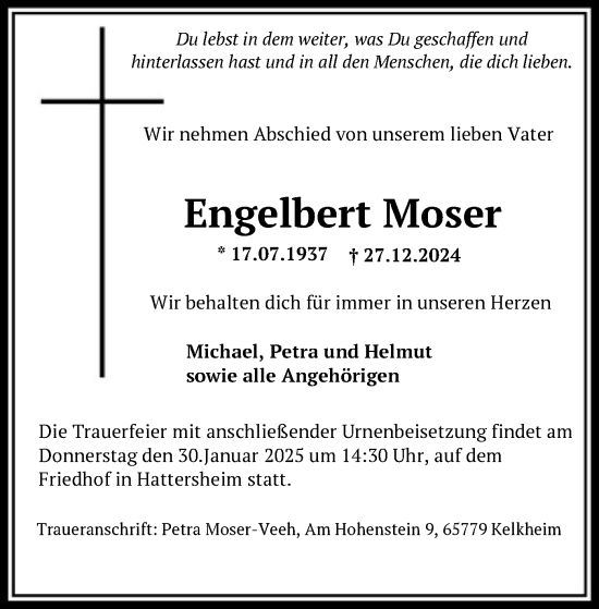 Traueranzeige von Engelbert Moser von FNP