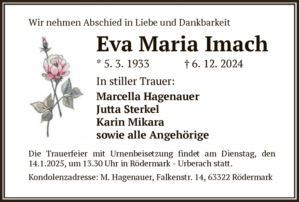  Traueranzeige für Eva Maria Imach vom 04.01.2025 aus FNP