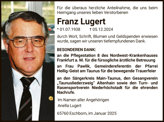 Traueranzeige von Franz Lugert von FNP