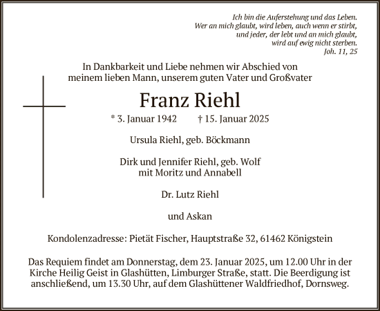 Traueranzeige von Franz Riehl von FNP