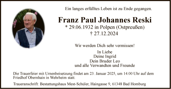 Traueranzeige von Franz Paul Johannes Reski von FNP