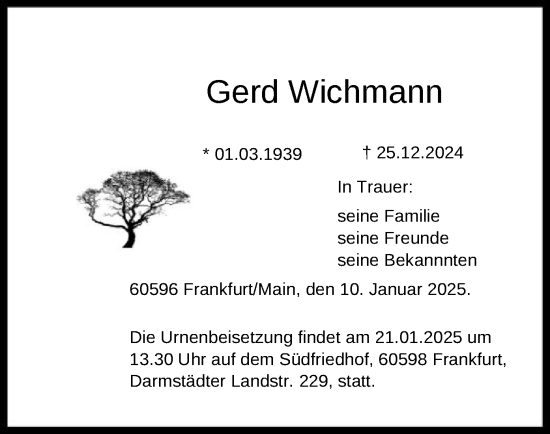 Traueranzeige von Gerd Wichmann von FNP