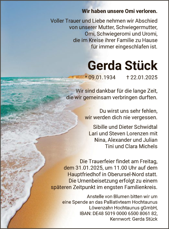 Traueranzeige von Gerda Stück von FNP