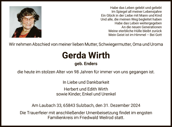 Traueranzeige von Gerda Wirth von FNP