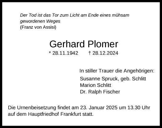 Traueranzeige von Gerhard Plomer von FNP