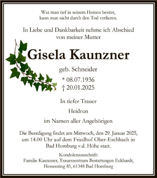 Traueranzeige von Gisela Kaunzner von FNP