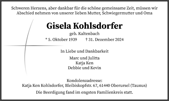 Traueranzeige von Gisela Kohlsdorf von FNP