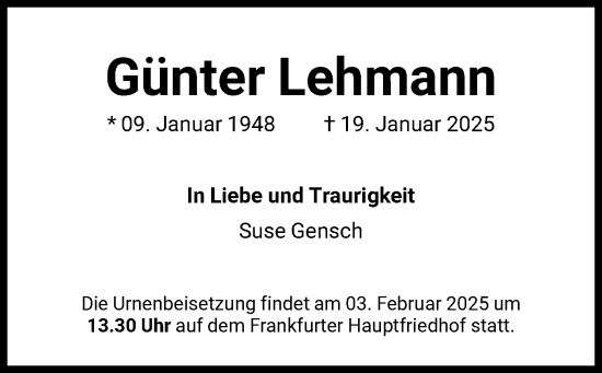 Traueranzeige von Günter Lehmann von FNP