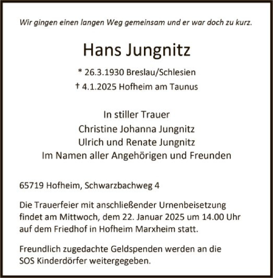 Traueranzeige von Hans Jungnitz von FNP