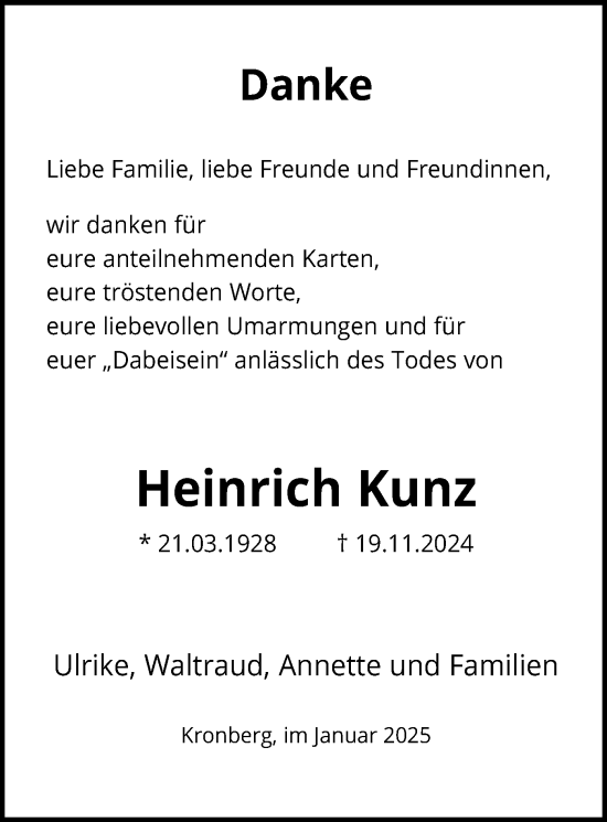 Traueranzeige von Heinrich Kunz von FNP