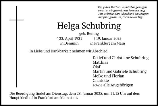 Traueranzeige von Helga Schubring von FNP