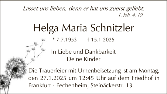 Traueranzeige von Helga Maria Schnitzler von FNP