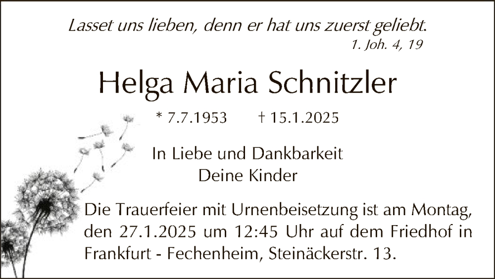  Traueranzeige für Helga Maria Schnitzler vom 18.01.2025 aus FNP