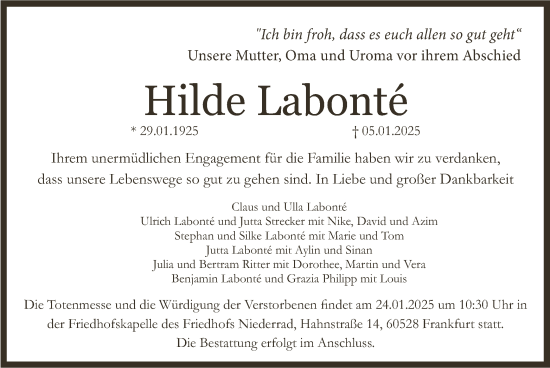 Traueranzeige von Hilde Labonte von FNP