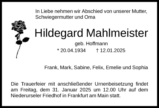 Traueranzeige von Hildegard Mahlmeister von FNP