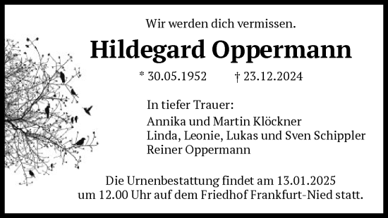 Traueranzeige von Hildegard Oppermann von FNP