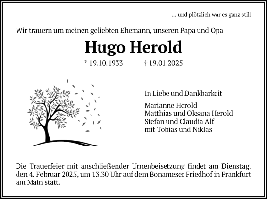 Traueranzeige von Hugo Herold von FNP