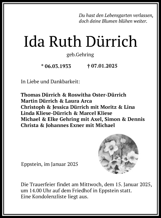 Traueranzeige von Ida Ruth Dürrich von FNP