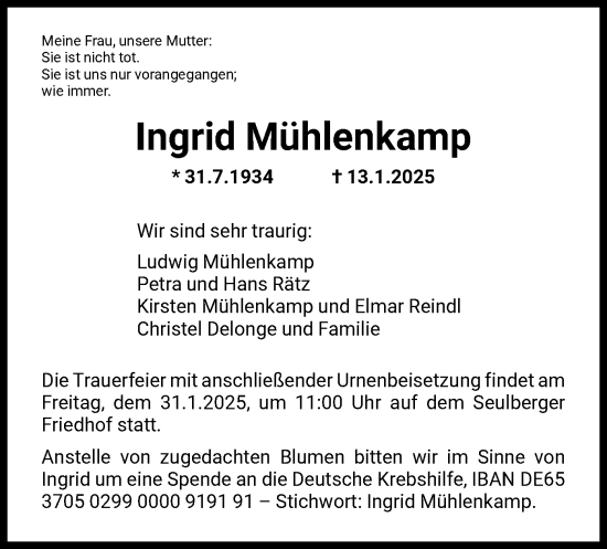 Traueranzeige von Ingrid Mühlenkamp von FNP