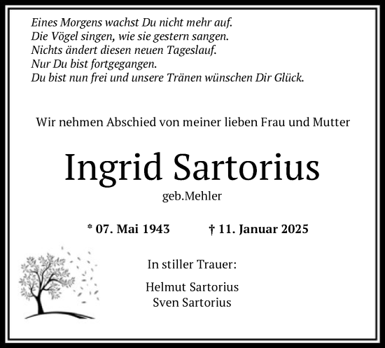 Traueranzeige von Ingrid Sartorius von FNP