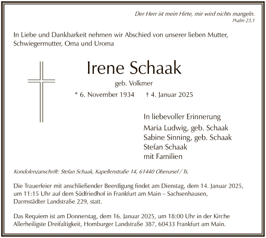 Traueranzeige von Irene Schaak von FNP