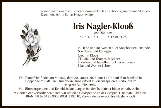 Traueranzeige von Iris Nagler-Klooß von FNP