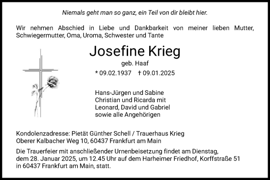 Traueranzeige von Josefine Krieg von FNP