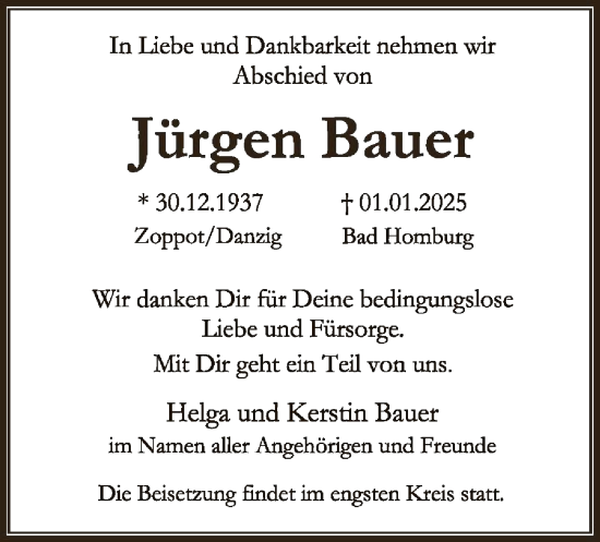 Traueranzeige von Jürgen Bauer von FNP