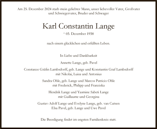 Traueranzeige von Karl Constantin Lange von FNP