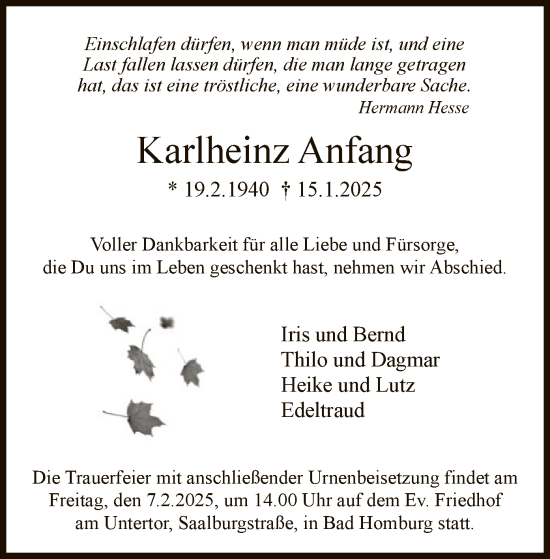 Traueranzeige von Karlheinz Anfang von FNP