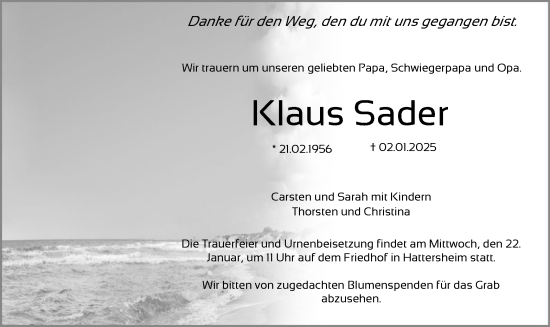 Traueranzeige von Klaus Sader von FNP