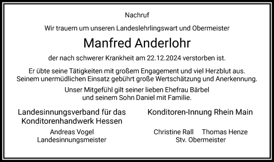 Traueranzeige von Manfred Anderlohr von FNP