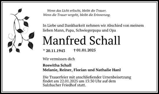 Traueranzeige von Manfred Schall von FNP