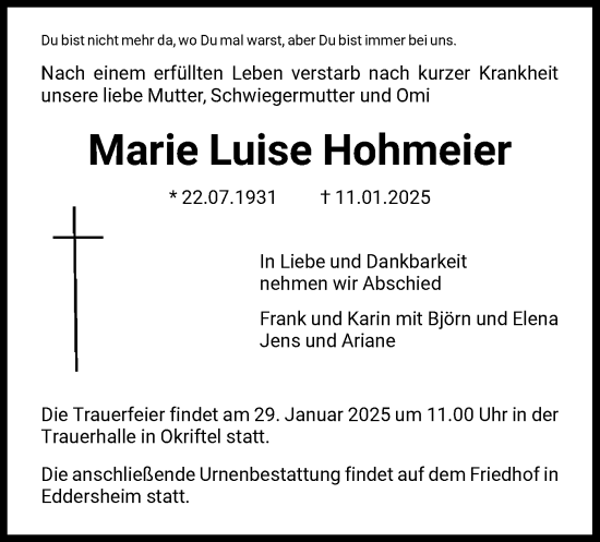 Traueranzeige von Marie Luise Hohmeier von FNP