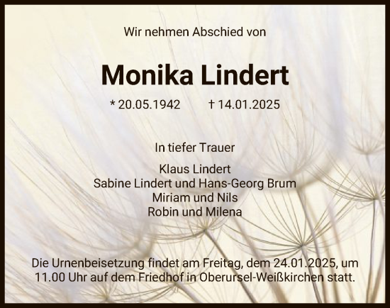 Traueranzeige von Monika Lindert von FNP