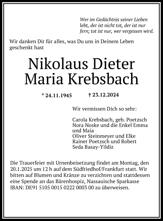 Traueranzeige von Nikolaus Dieter Maria Krebsbach von FNP