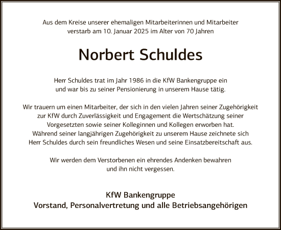 Traueranzeige von Norbert Schuldes von FNP