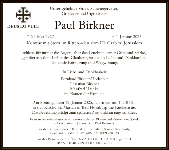 Traueranzeige von Paul Birkner von FNP