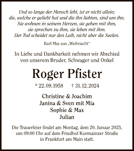 Traueranzeige von Roger Pfister von FNP