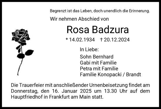 Traueranzeige von Rosa Badzura von FNP