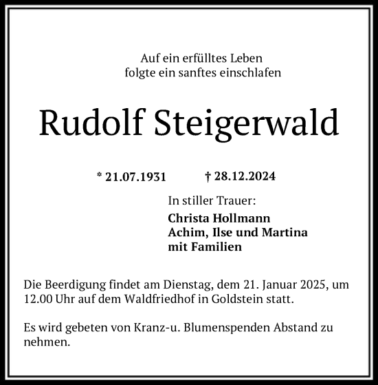 Traueranzeige von Rudolf Steigerwald von FNP