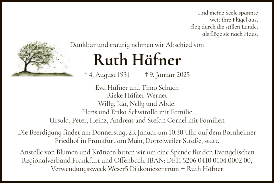 Traueranzeige von Ruth Häfner von FNP