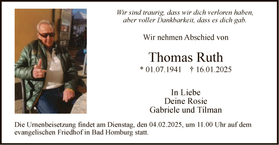 Traueranzeige von Thomas Ruth von FNP