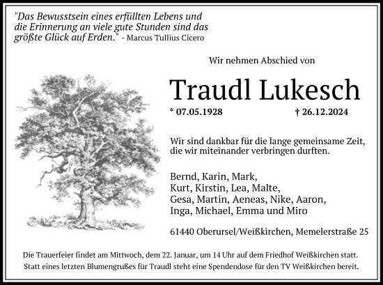 Traueranzeige von Traudl Lukesch von FNP