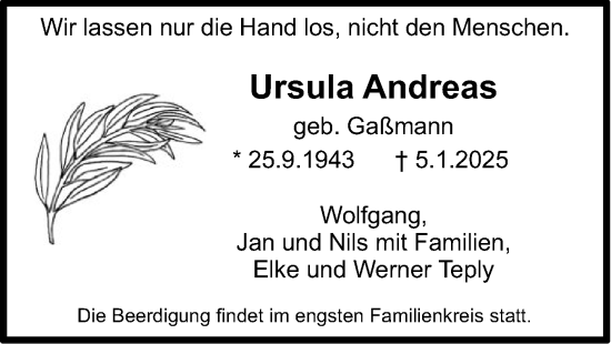 Traueranzeige von Ursula Andreas von FNP