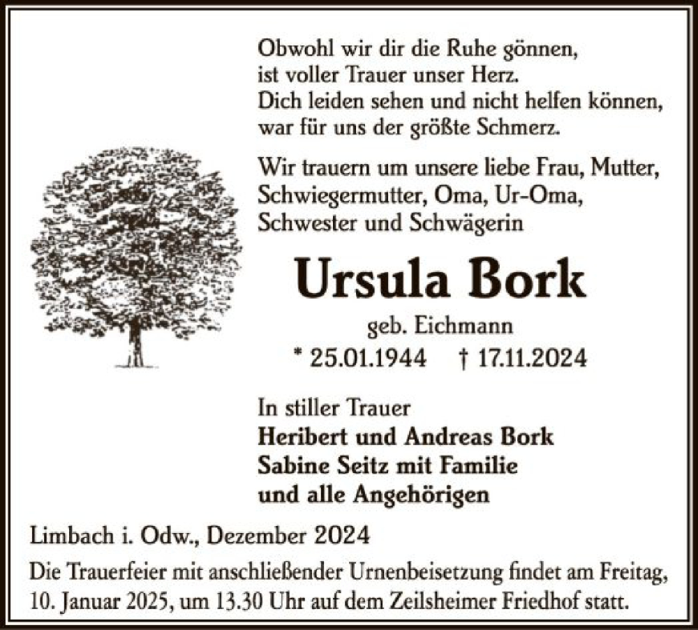  Traueranzeige für Ursula Bork vom 04.01.2025 aus FNP