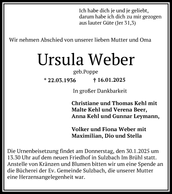 Traueranzeige von Ursula Weber von FNP