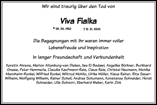 Traueranzeige von Viva Fialka von FNP