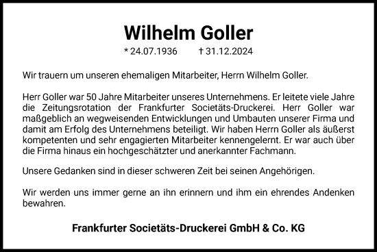 Traueranzeige von Wilhelm Goller von FNP